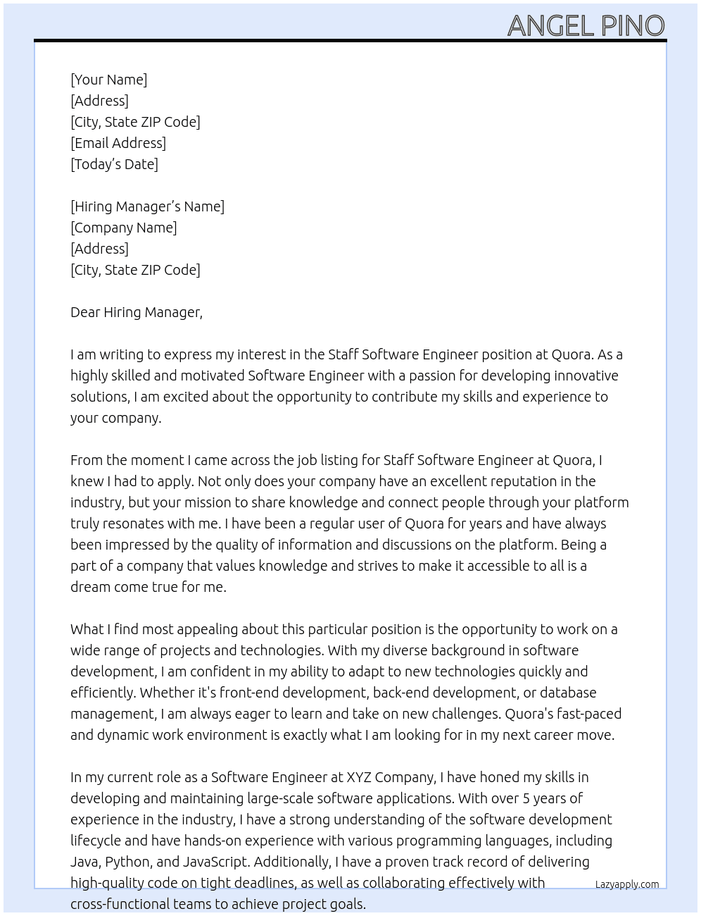 Staff Software Engineer At Quora Cover Letter