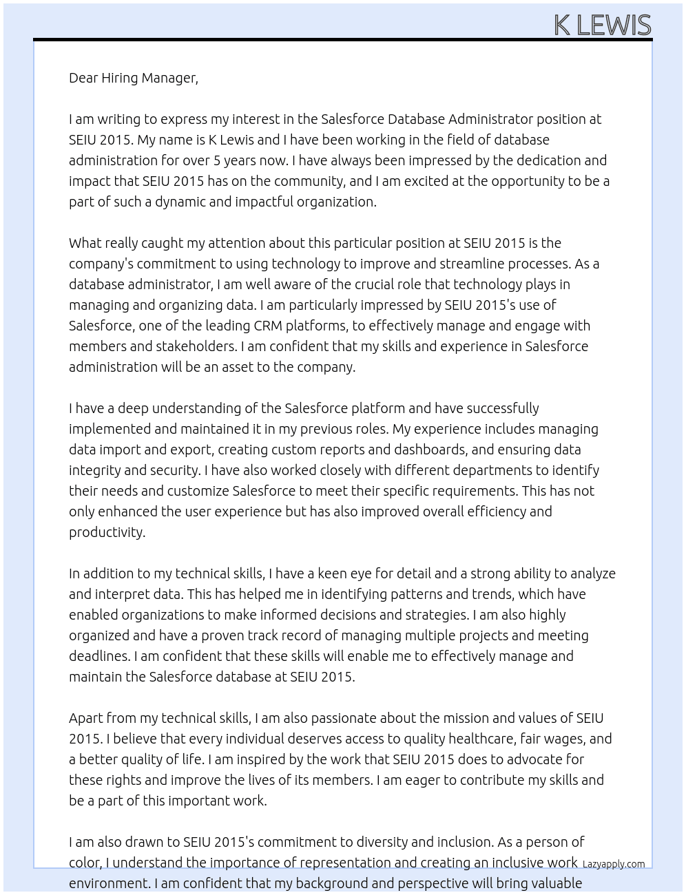 Salesforce Database Administrator At SEIU 2015 Cover Letter