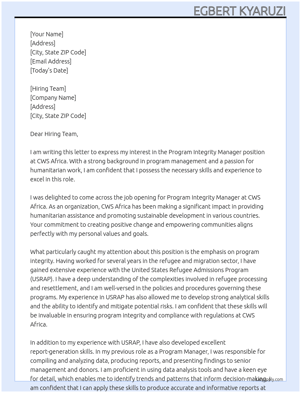 Program Integrity Manager At CWS Africa Cover Letter