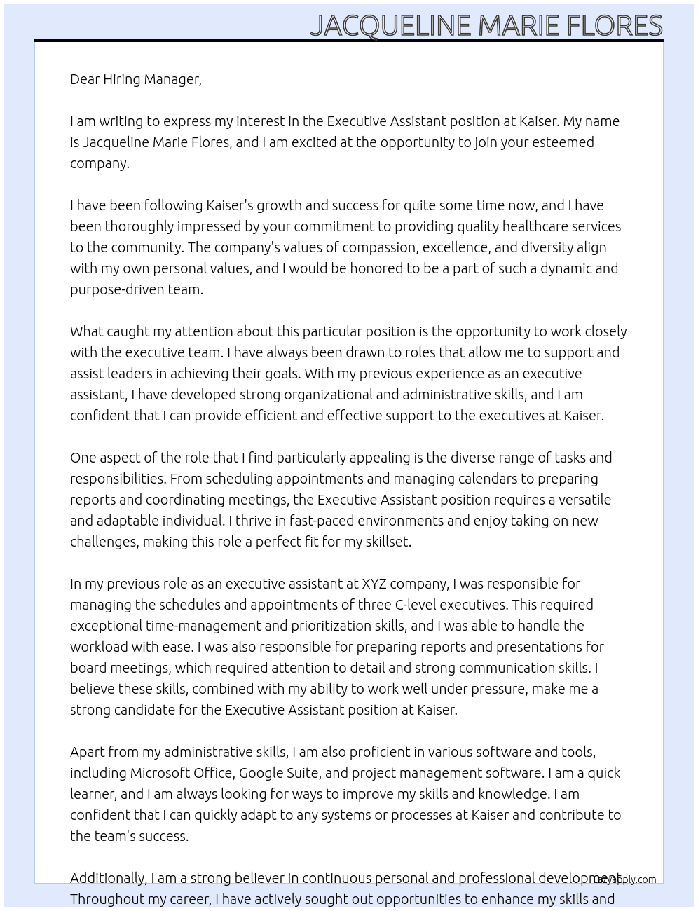 Executive Assistant At Kaiser Cover Letter