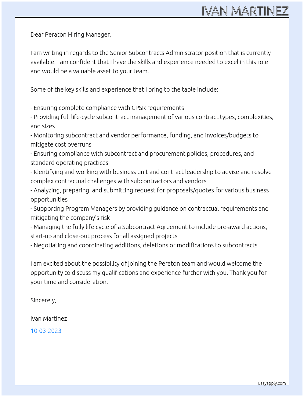Senior Subcontracts Administrator At Peraton Cover Letter