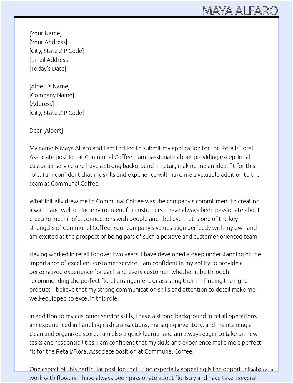 Retail/Floral Associate At Communal Coffee Cover Letter