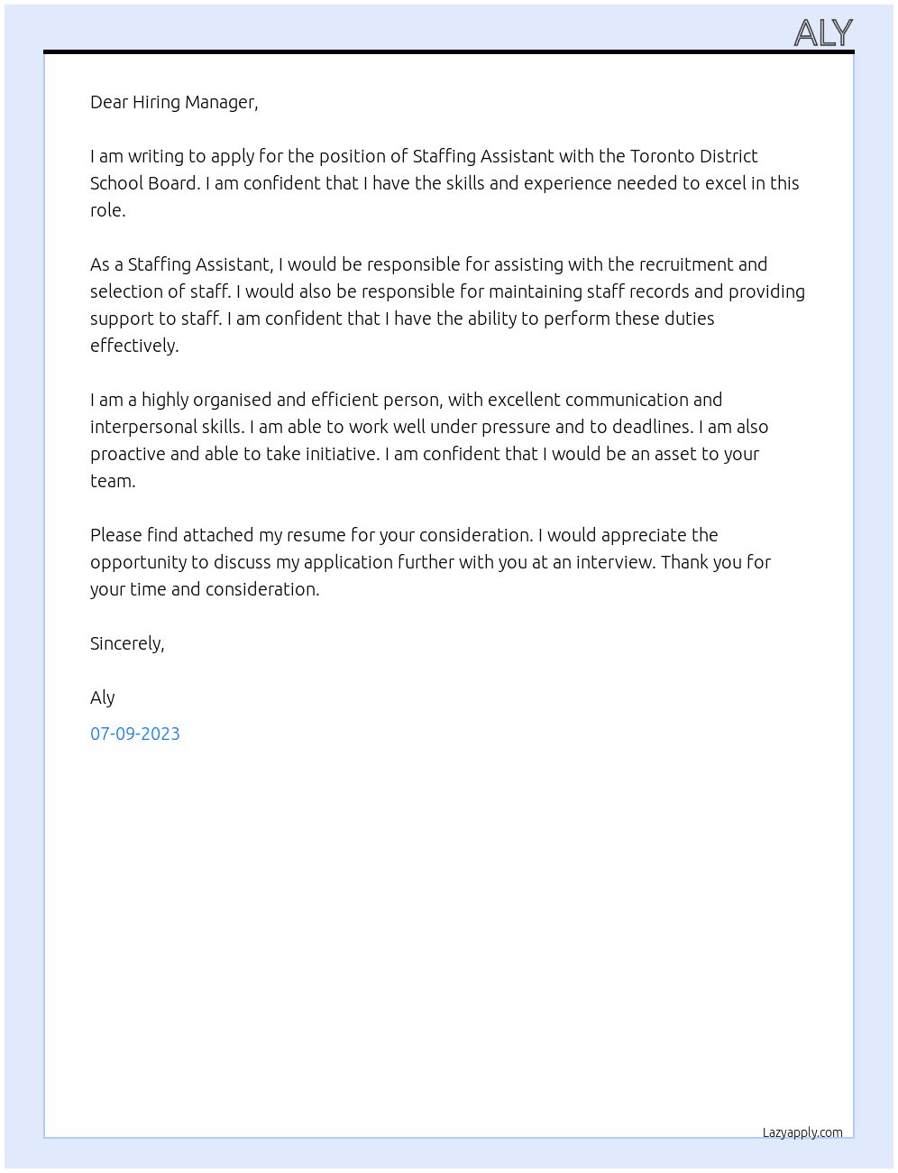 Staffing Assistant At Toronto District School Board Cover Letter