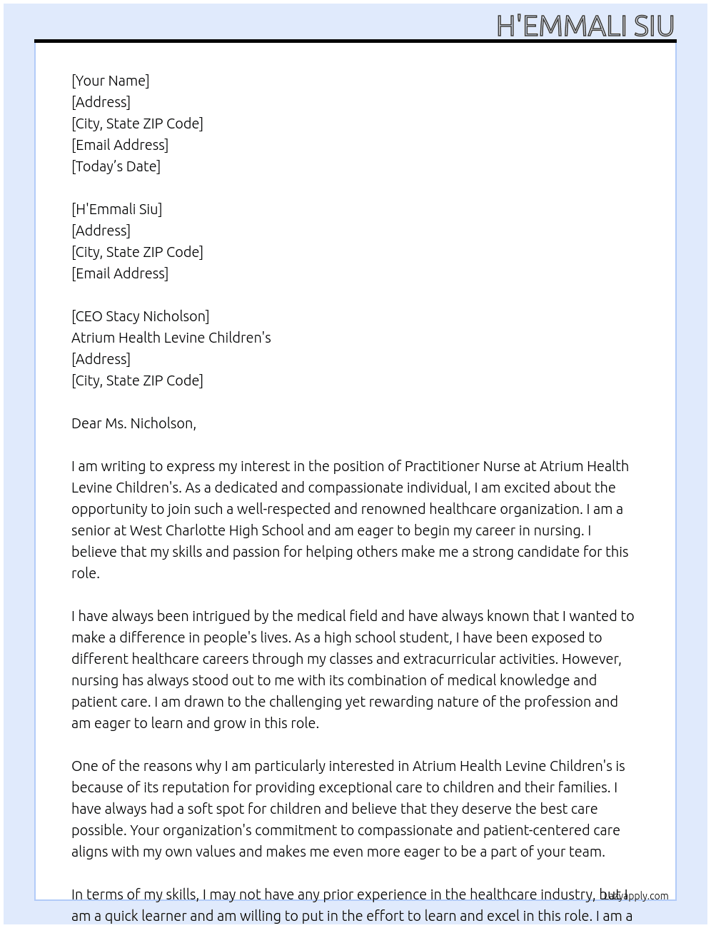 Practitioner nurse  At Atrium Health Levine Children's Cover Letter