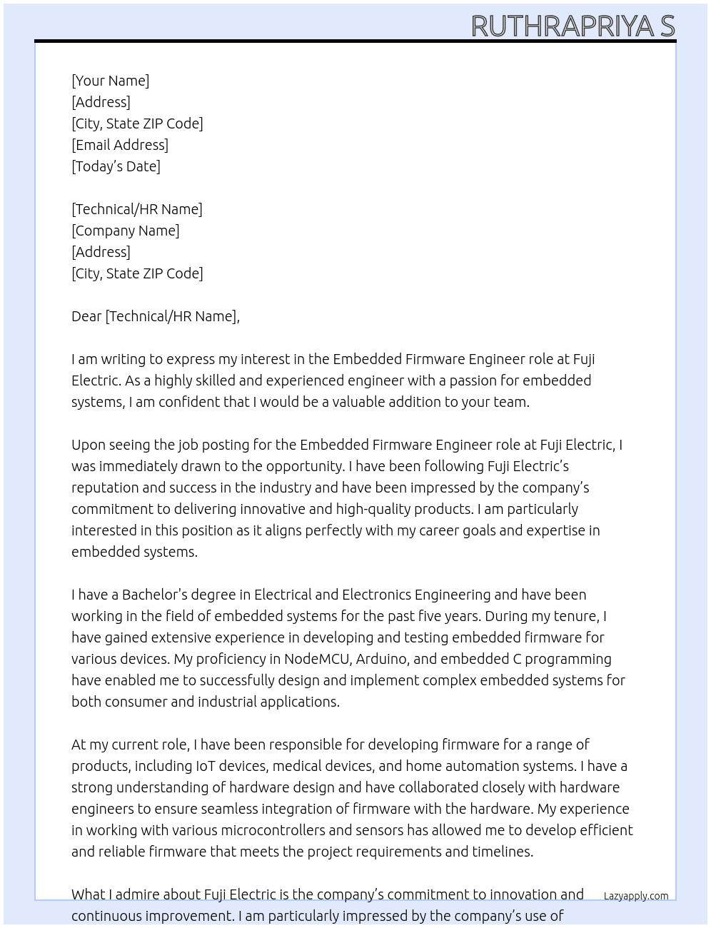 Embedded firmware engineer At Fuji Electric Cover Letter