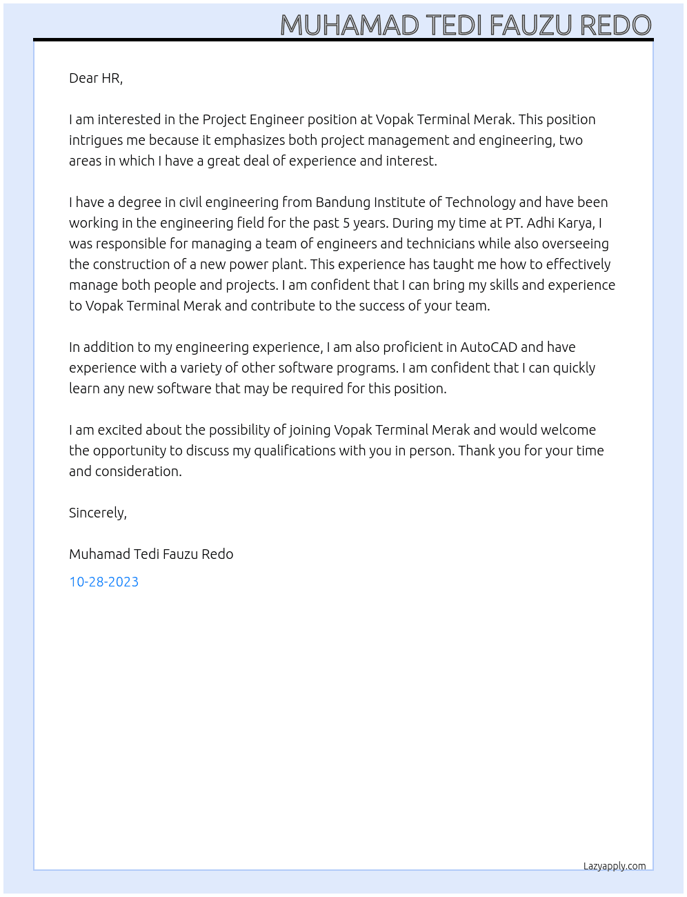 Project Engineer At Vopak Terminal Merak Cover Letter