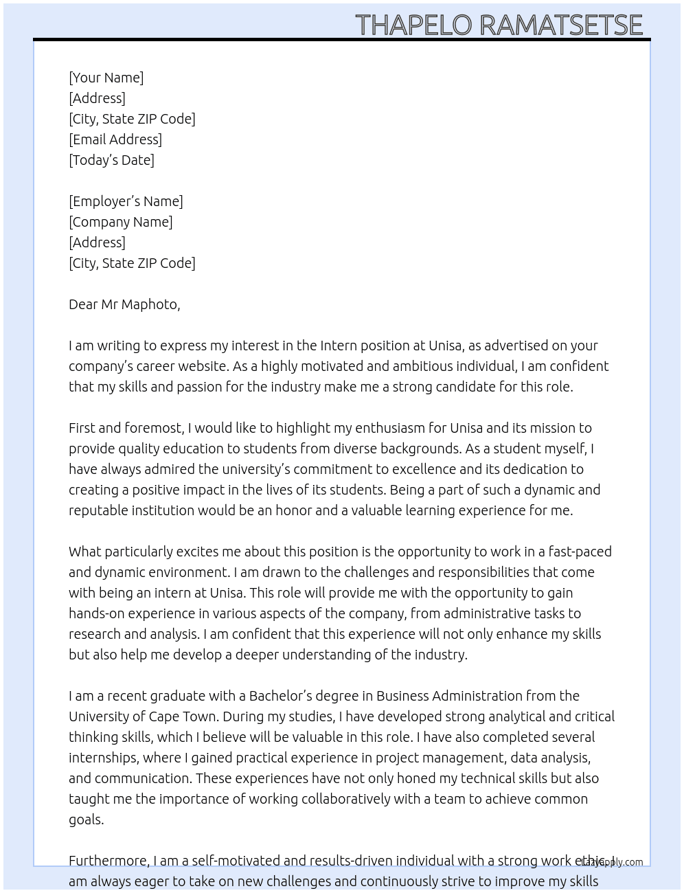 Intern At Unisa Cover Letter