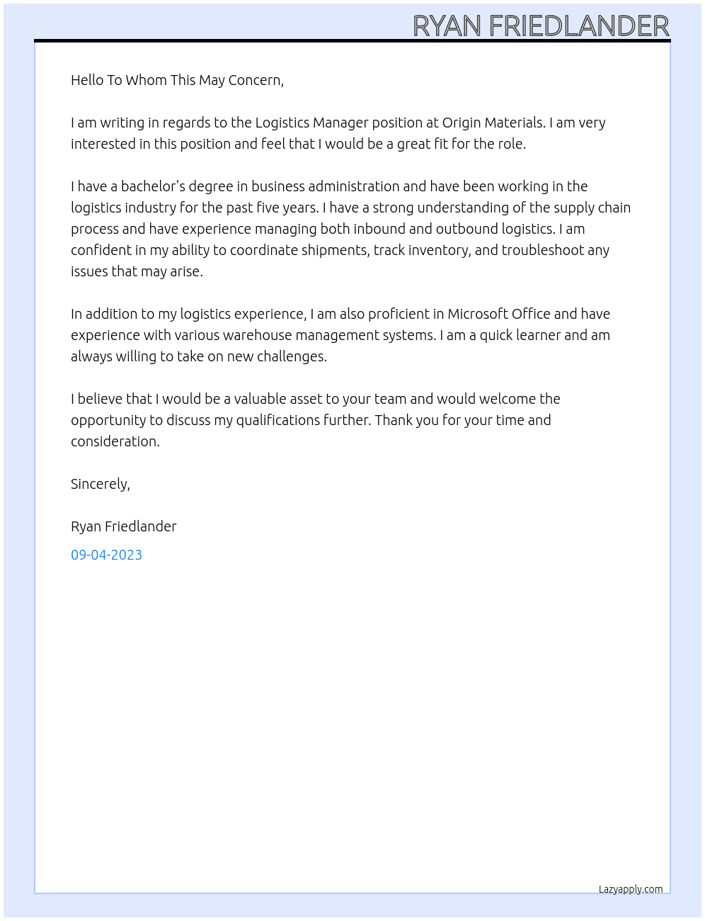 Logistics Manager At Origin Materials Cover Letter
