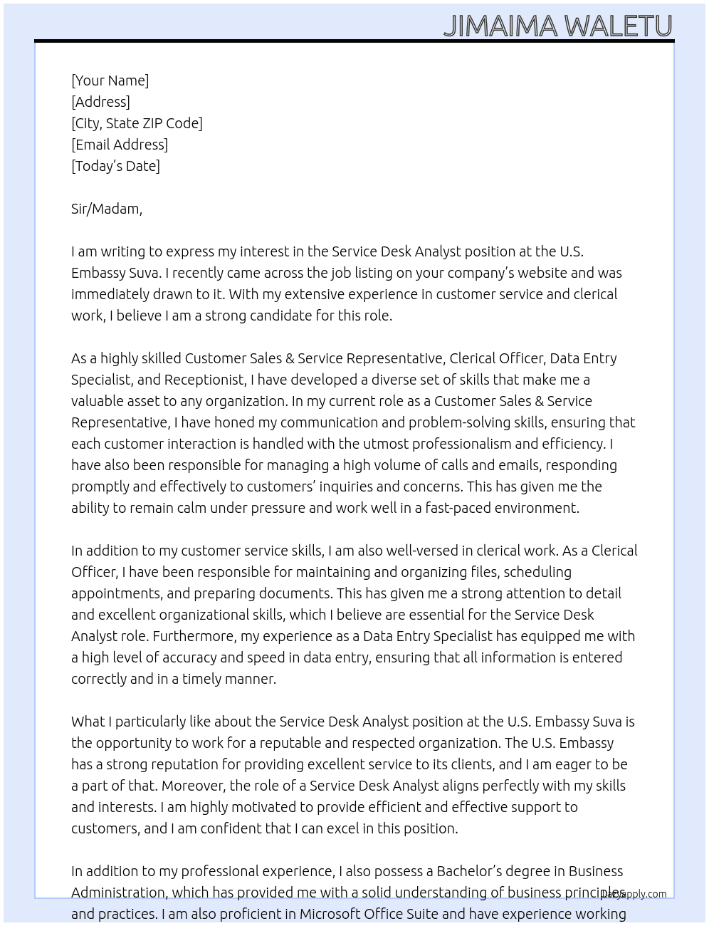 Service Desk Analyst At U.S. Embassy Suva Cover Letter