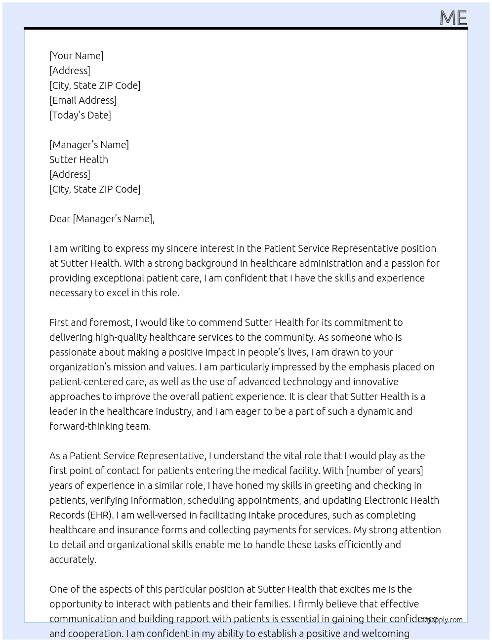 Patient service representative At Sutter health Cover Letter