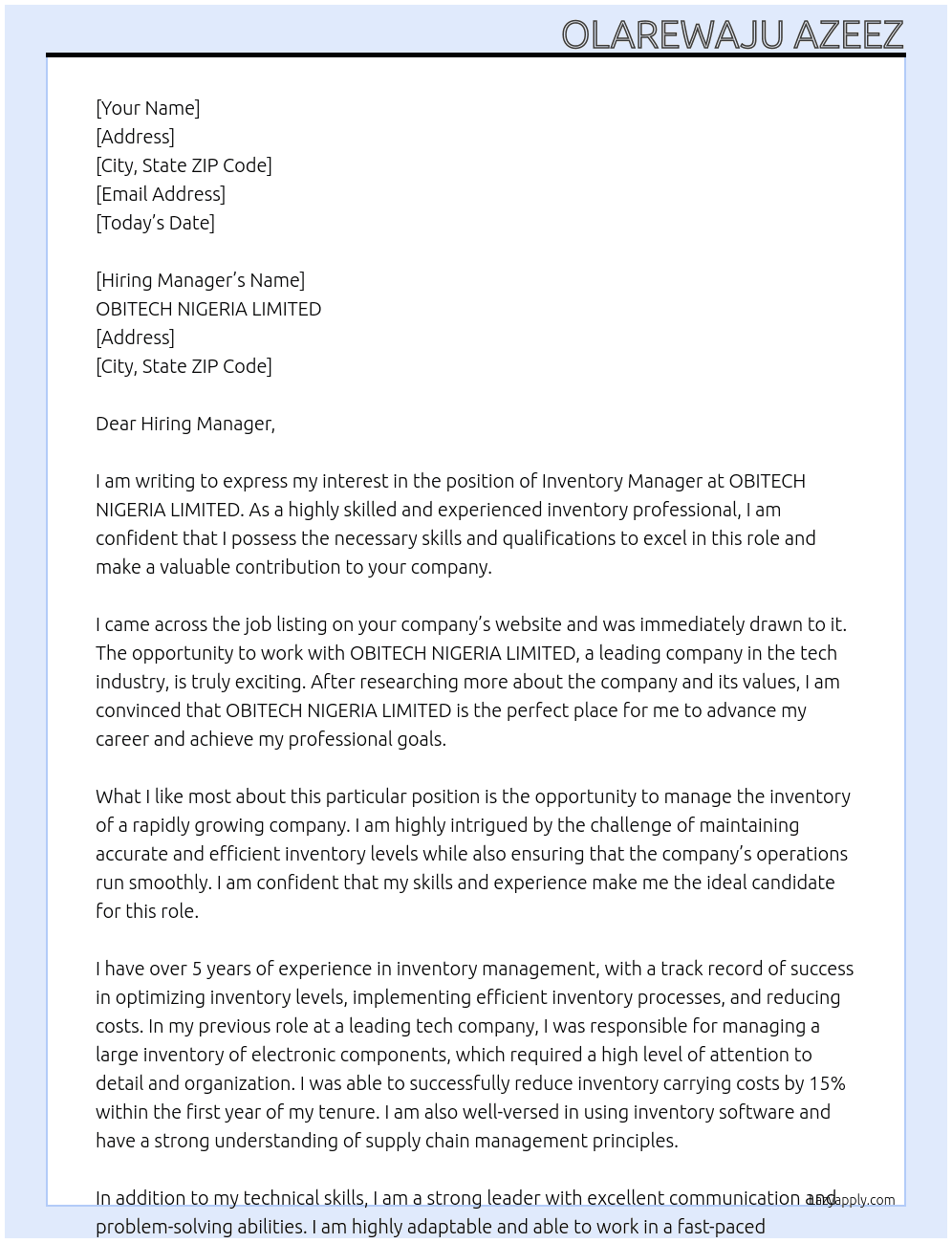 Inventory manager At OBITECH NIGERIA LIMITED Cover Letter