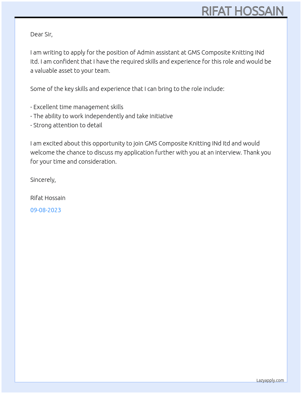 Admin assistant  At GMS Composite Knitting INd Itd. Cover Letter