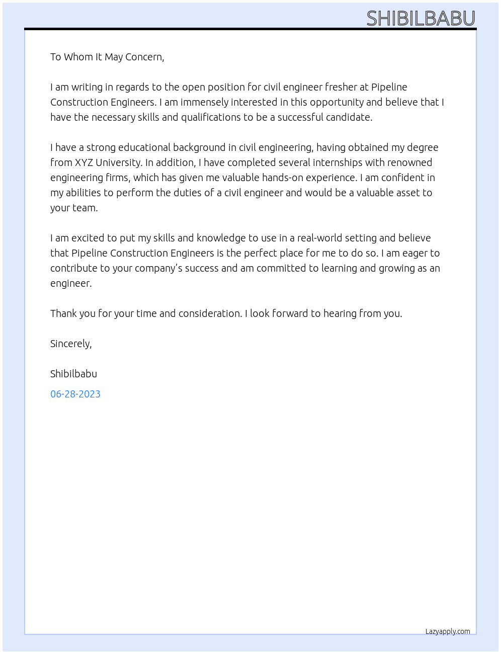 civil engineer fresher At pipeline constraction engineers Cover Letter