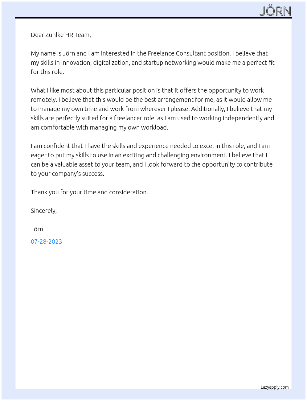 Freelance Consultant At Zühlke Cover Letter
