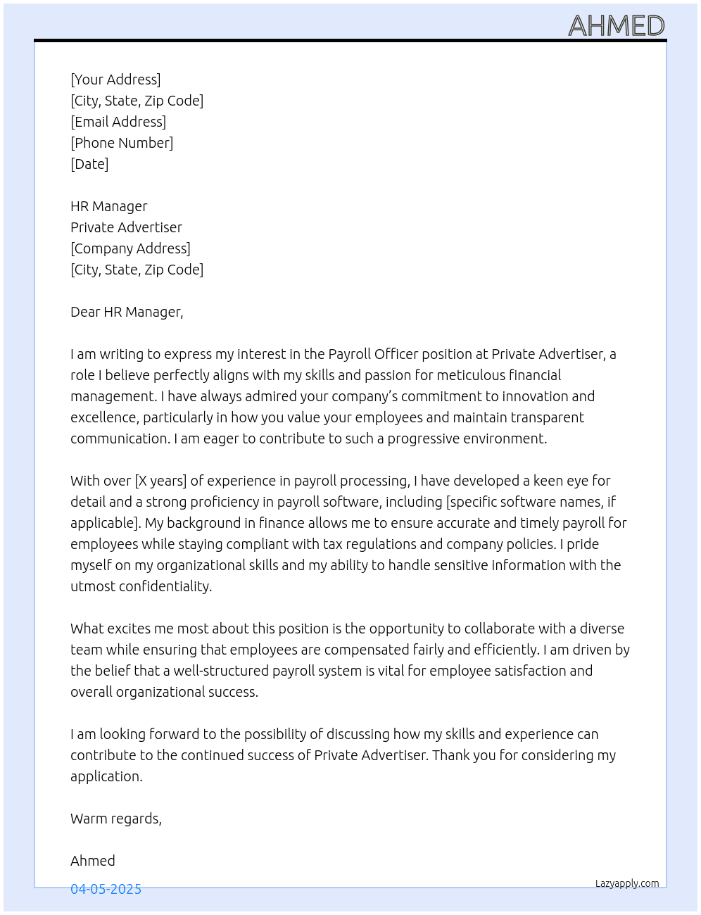 Payroll Officer At Private Advertiser Cover Letter