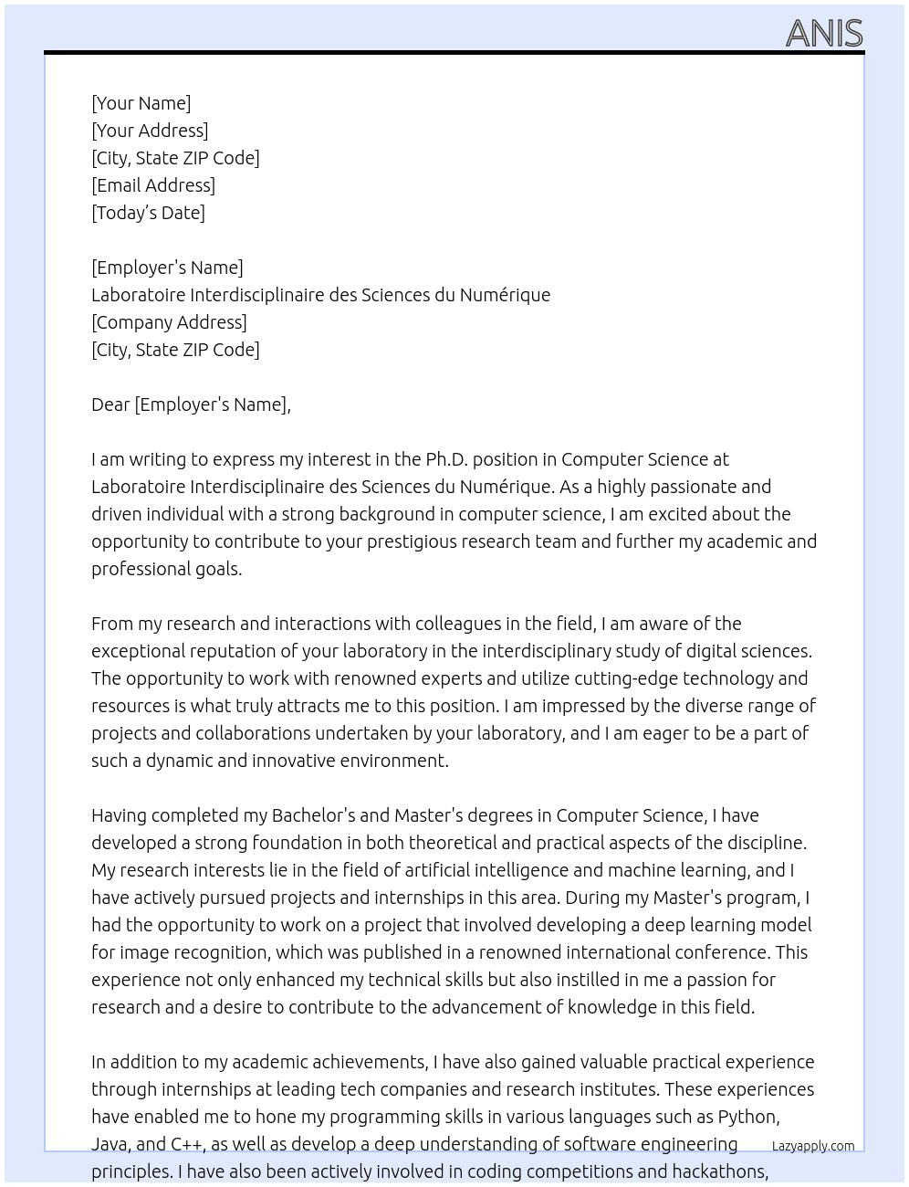 phd computer science At Laboratoire Interdisciplinaire des Sciences du Numérique Cover Letter