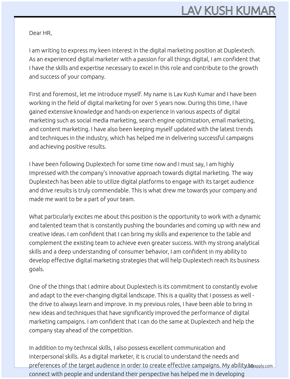 digital marketing At Duplextech Cover Letter