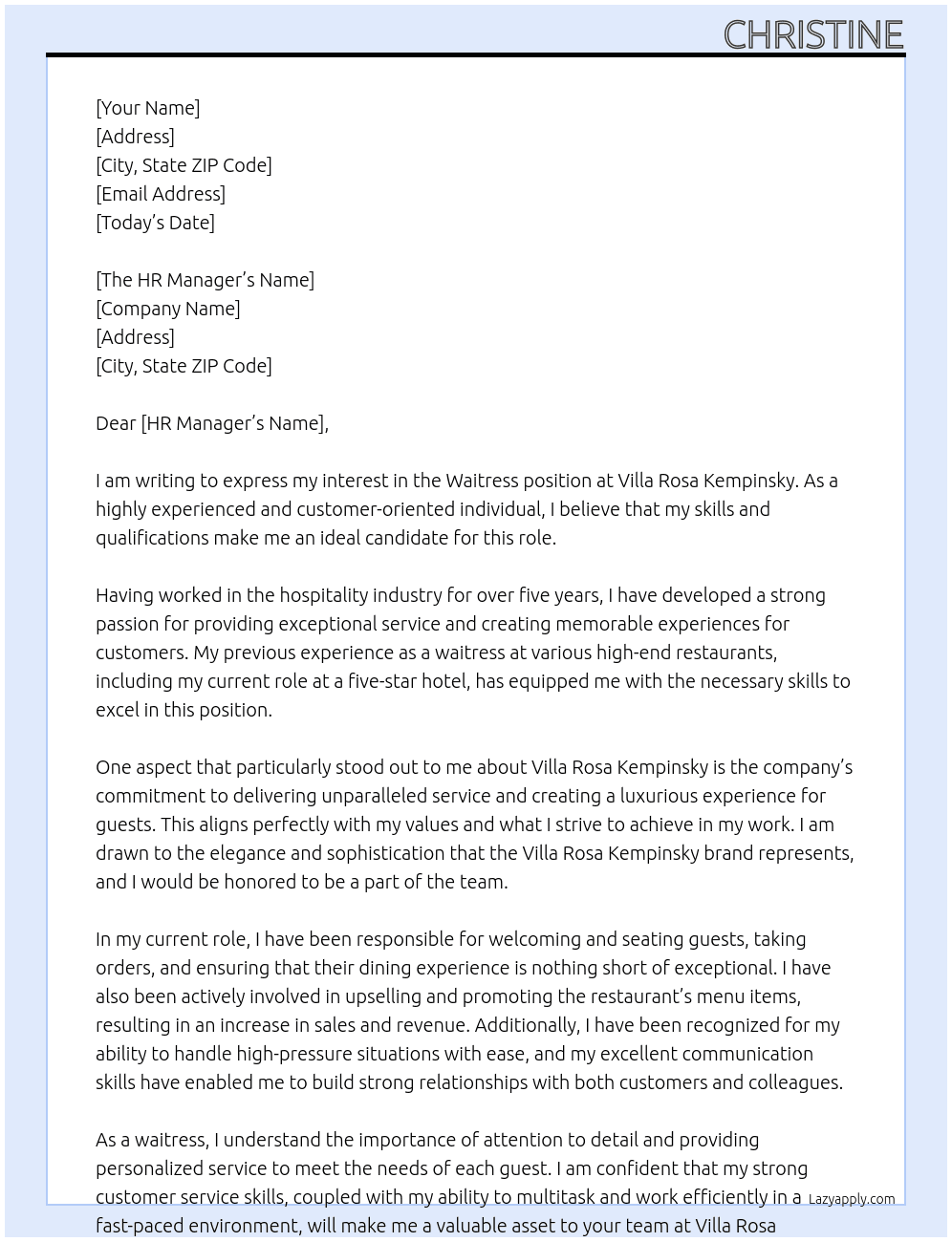 Waitress At Villa Rosa Kempinsky Cover Letter