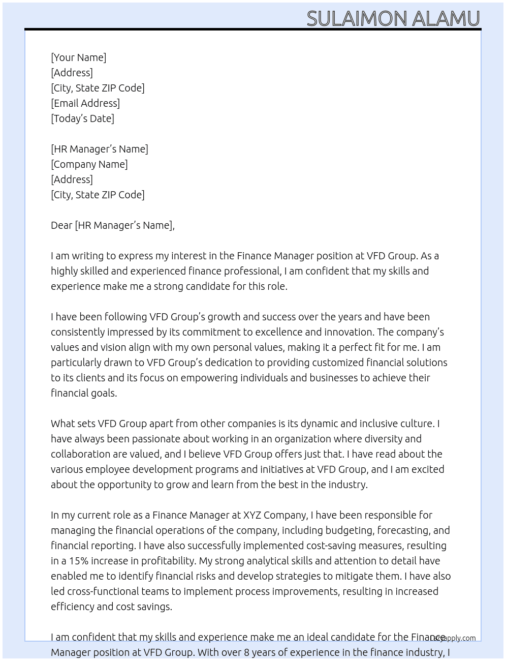 Finance Manager At VFD Group Cover Letter