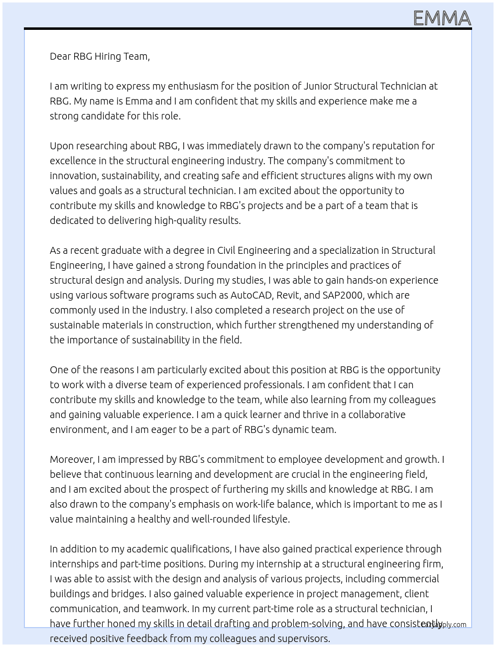 junior structural technician At RBG Cover Letter