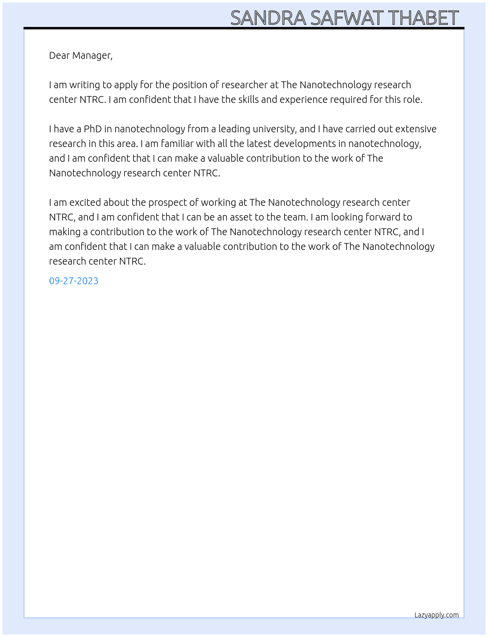 researcher At The Nanotechnology research center NTRC Cover Letter