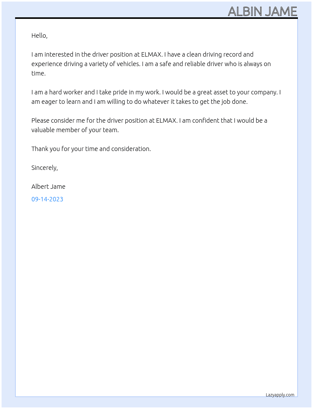 DRIVER At ELMAX Cover Letter