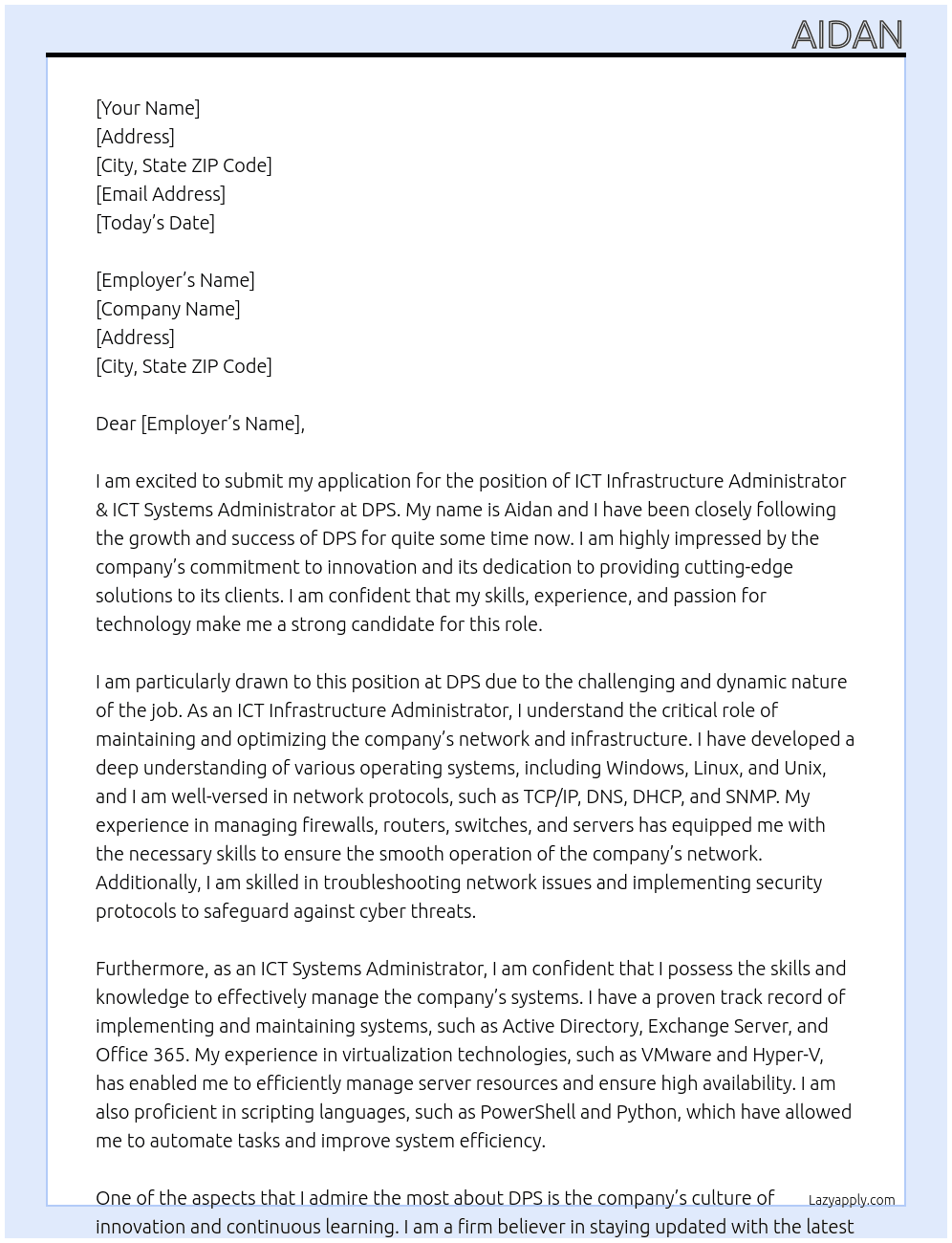 ICT Infrastructure Administrator & ICT Systems Administrator At DPS Cover Letter