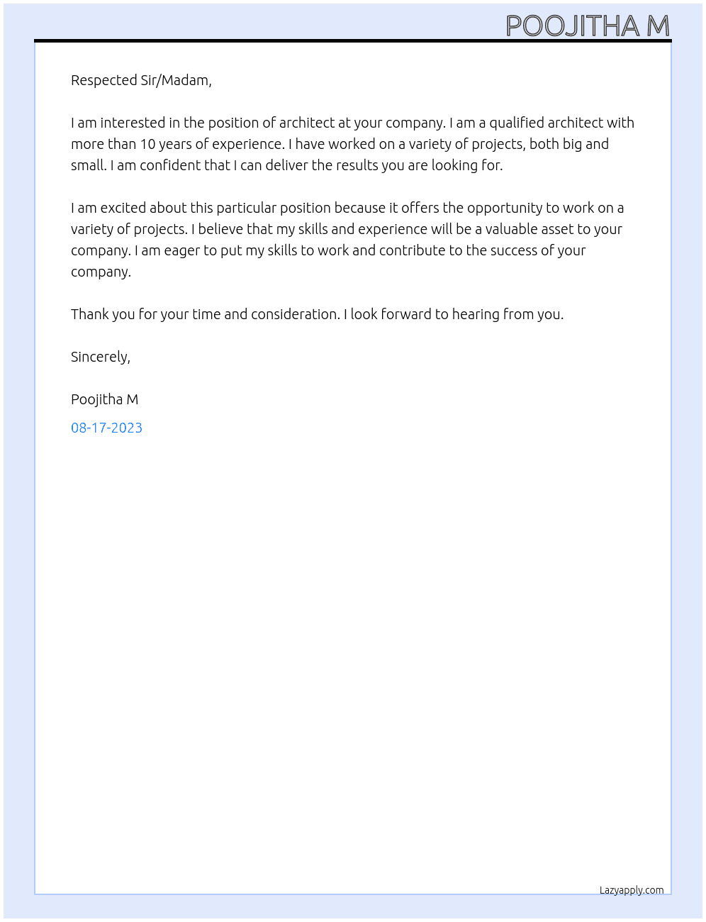 Architect At Sir/Madam Cover Letter