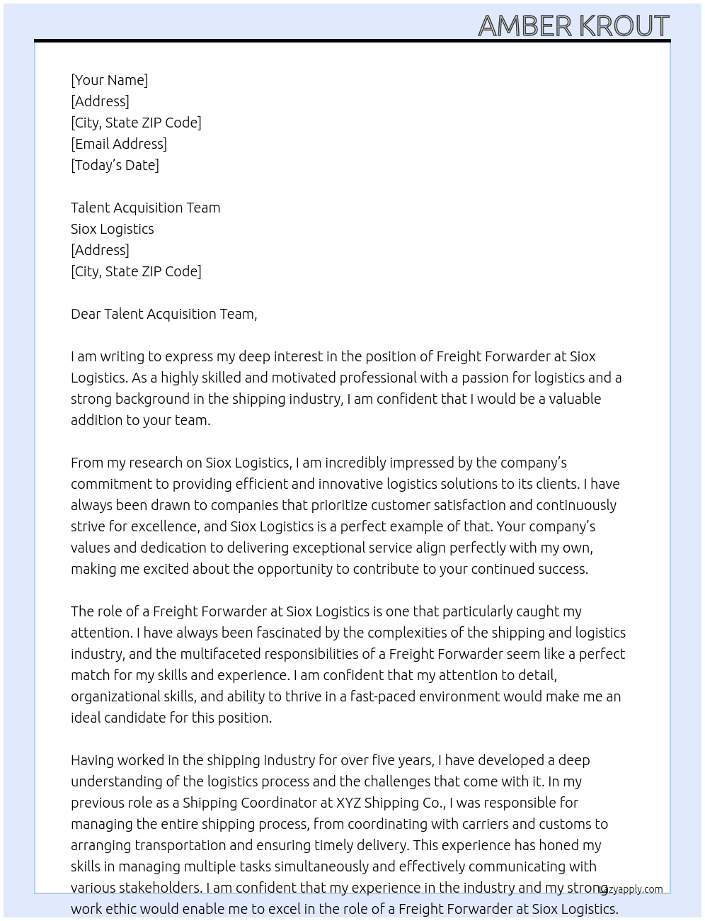 Freight Forwarder At Siox Logistics  Cover Letter