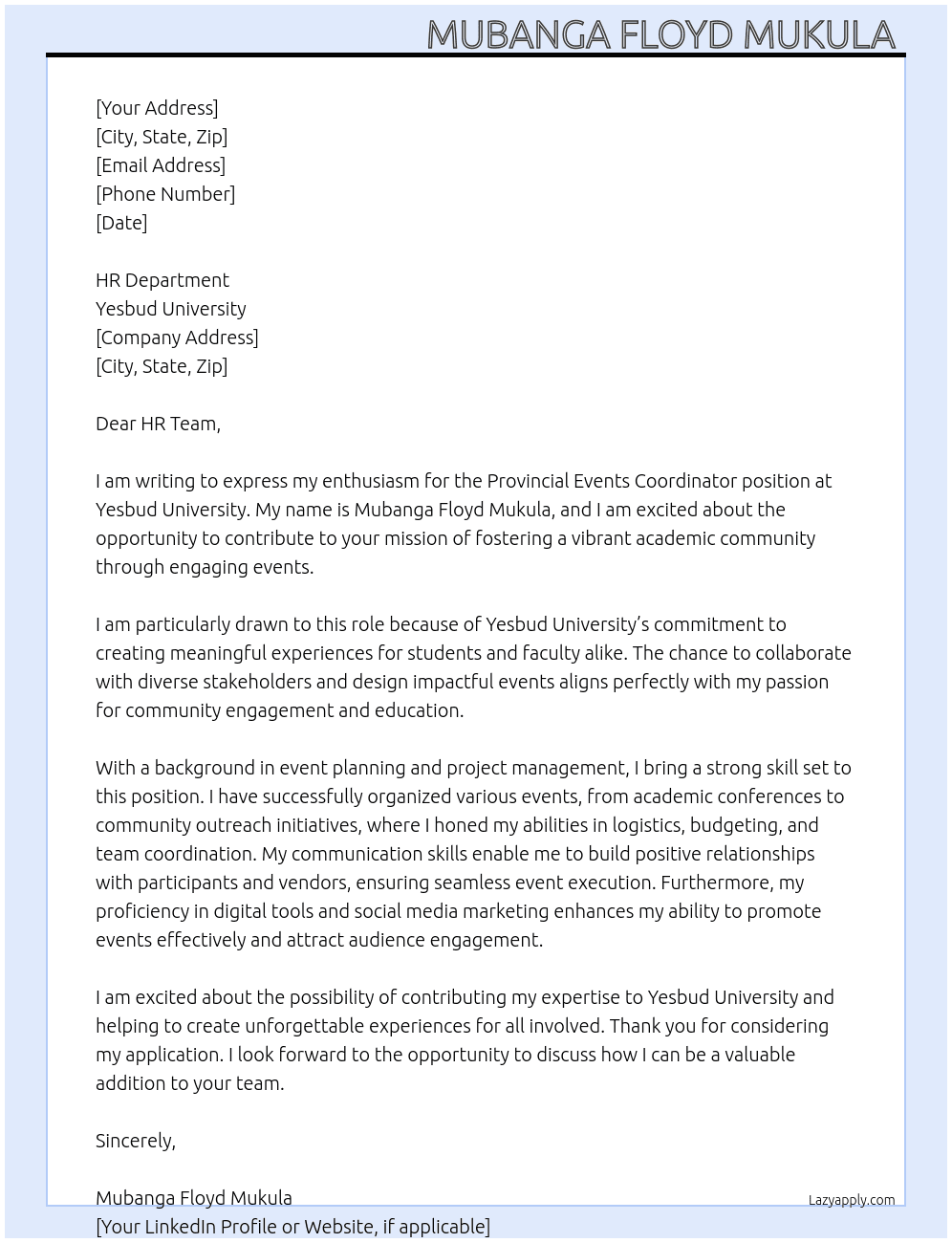 Provincial events coordinator Y At Yesbud University  Cover Letter