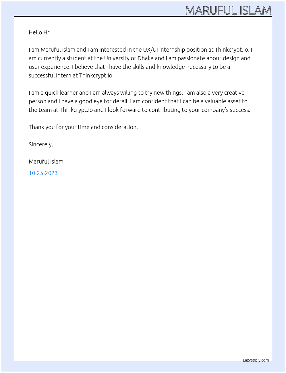 UX/UI At Thinkcrypt.io Cover Letter