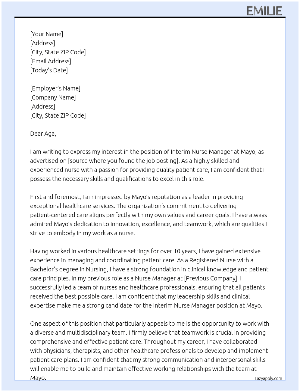 interim nurse manager At mayo Cover Letter