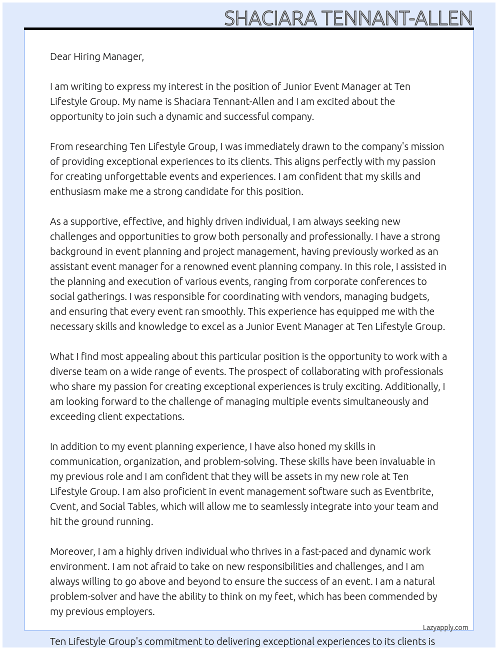 Junior Event Manager At Ten Lifestyle Group Cover Letter