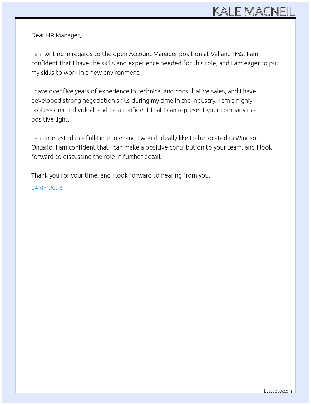 Account Manager At Valiant TMS Cover Letter