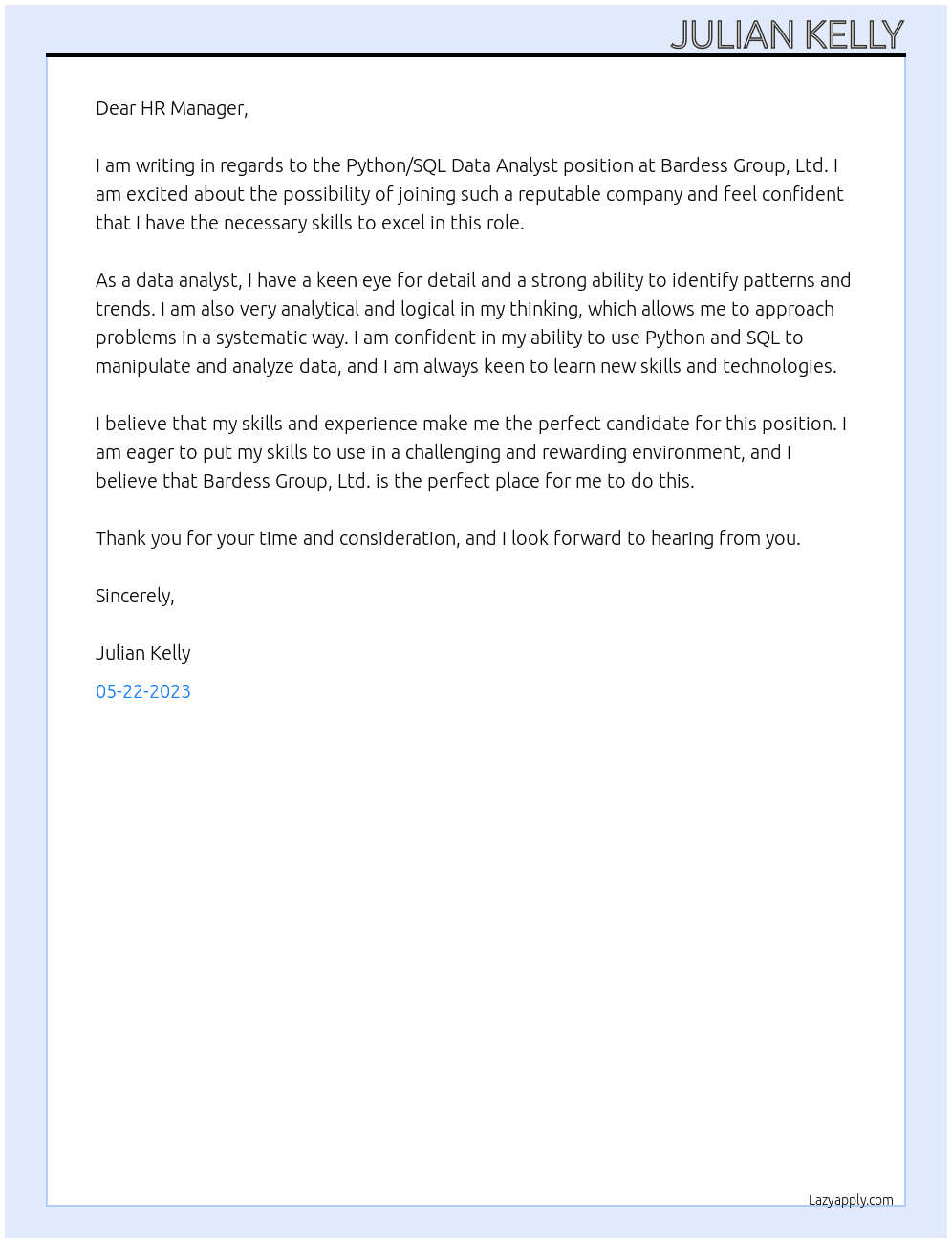 Python/SQL Data Analyst At Bardess Group, Ltd Cover Letter