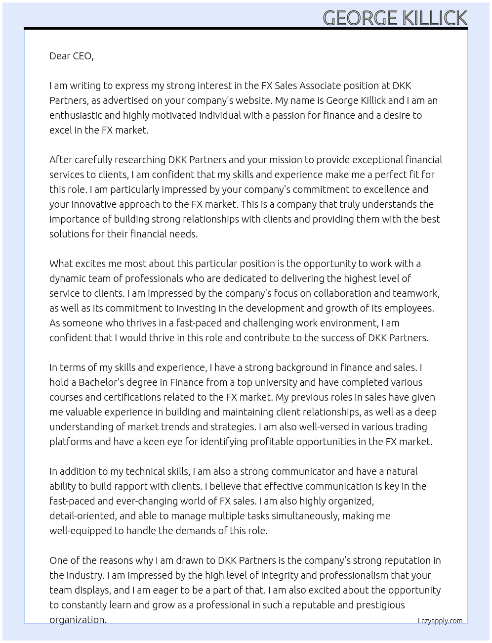 FX Sales Associate At DKK Partners Cover Letter