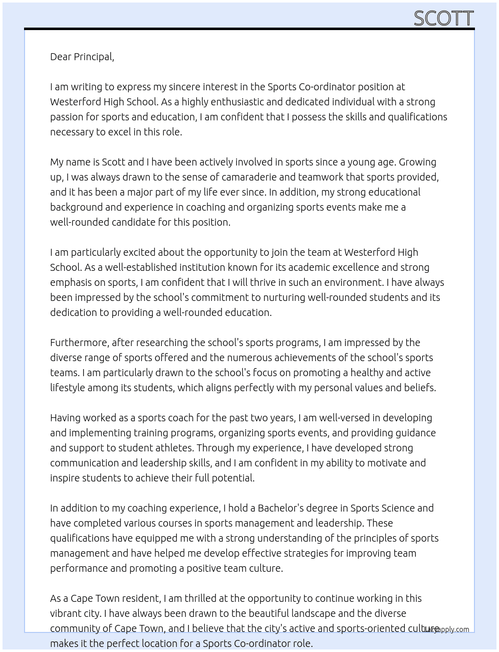 Sports co-ordinator At Westerford High School Cover Letter