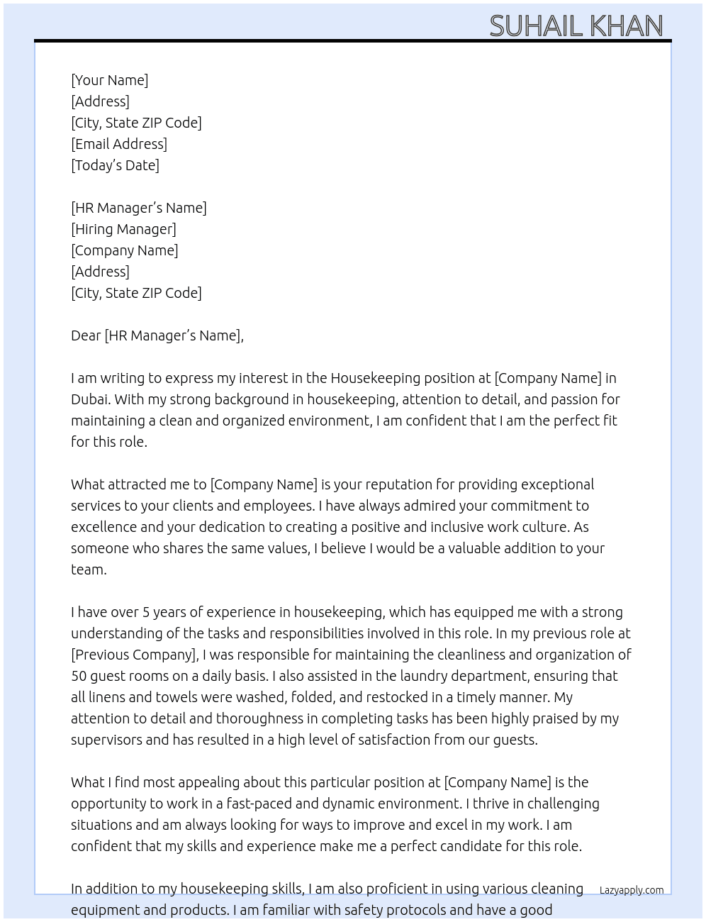 House keeping  At Dubai Cover Letter