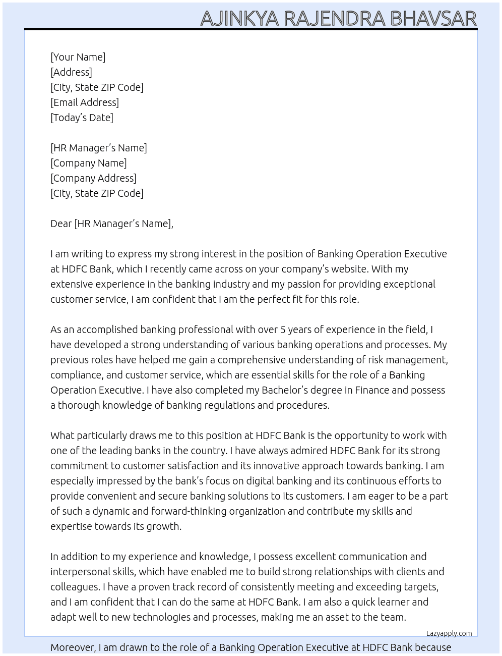 Cover letter for banking operation excutive - LazyApply