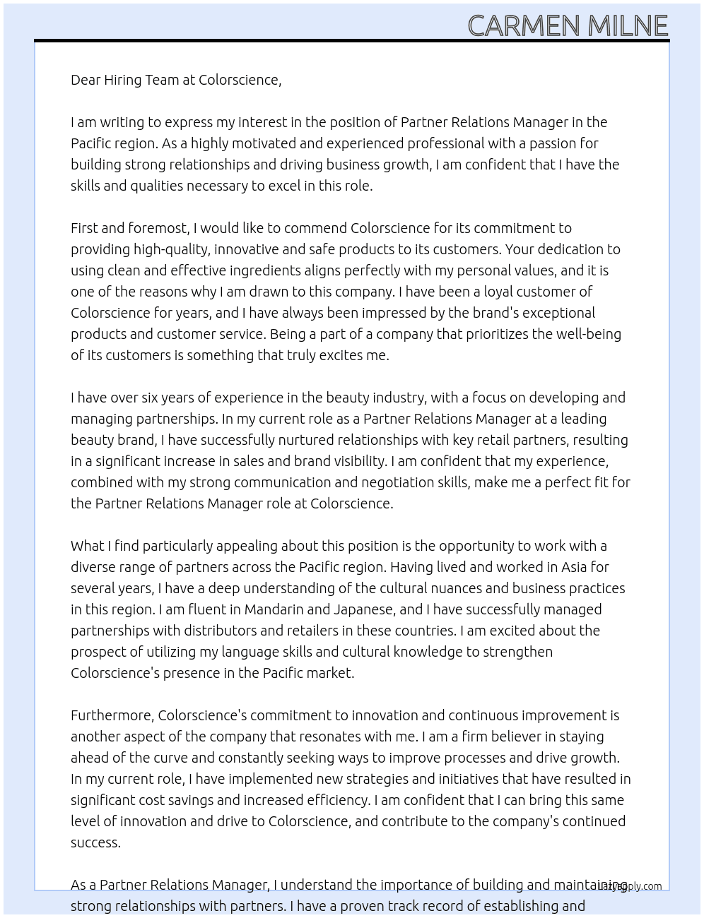 PARTNER RELATIONS MANAGER | PACIFIC At Colorscience  Cover Letter
