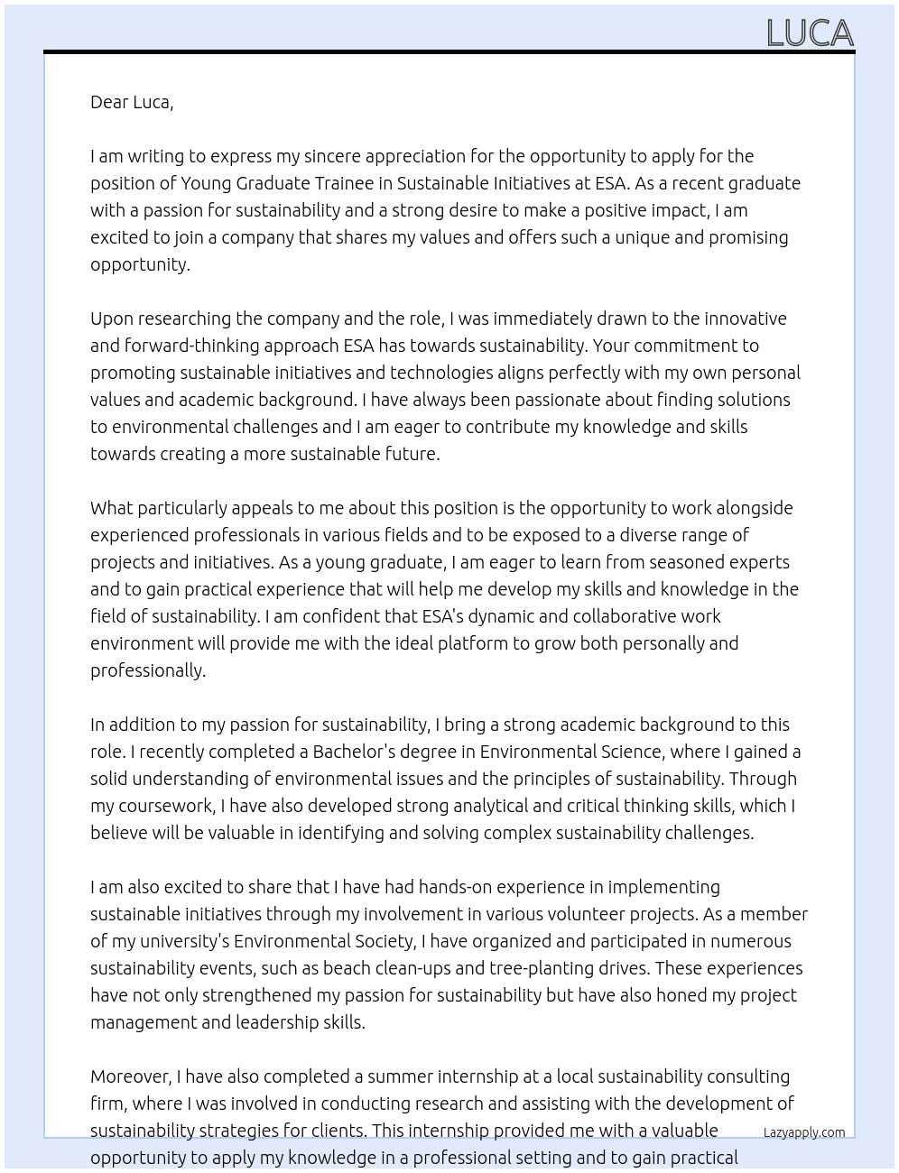 young graduate trainee in sustainable initiatives At esa Cover Letter