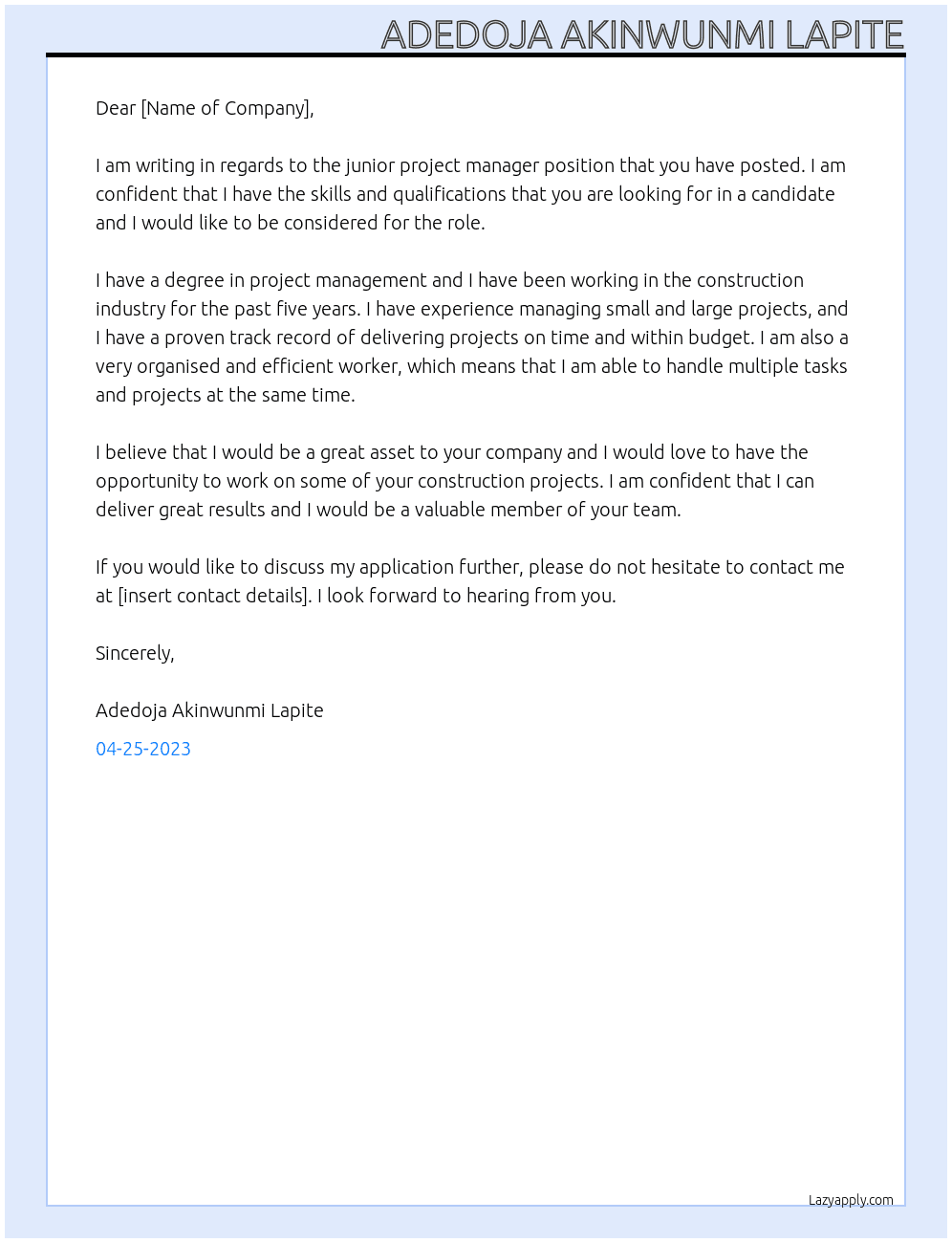 junior project manager At construction Cover Letter