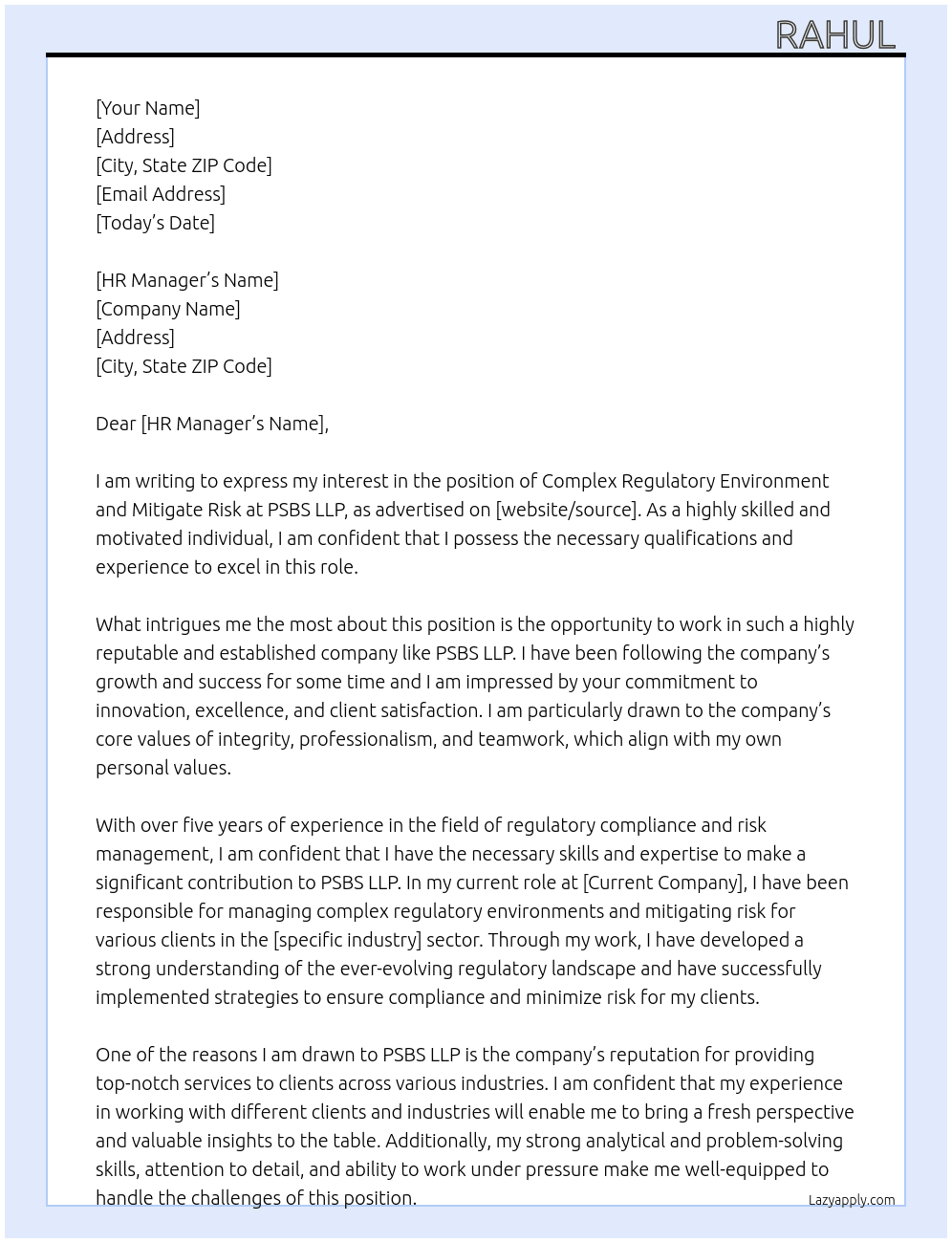 Complex regulatory environment and mitigate Risk At PSBS LLP Cover Letter