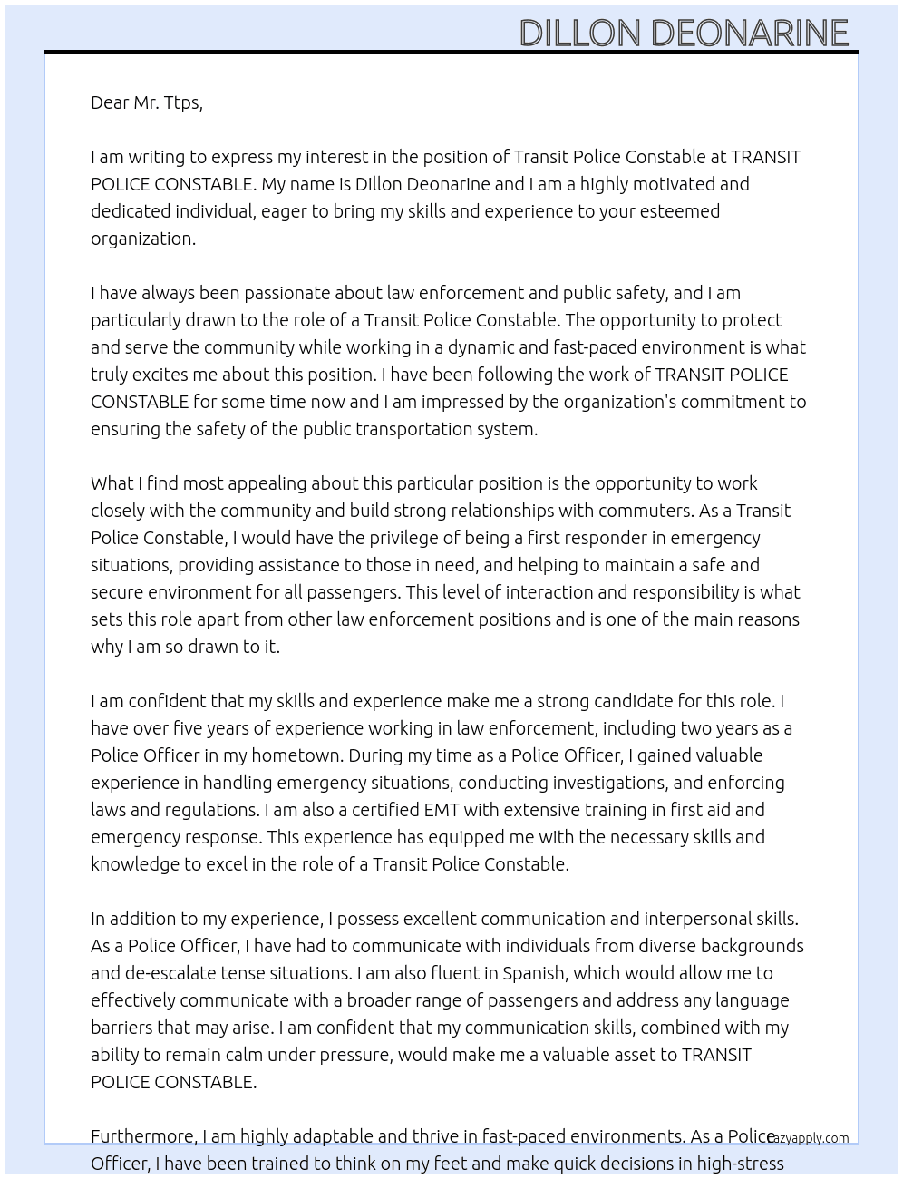 Transit Police Constable  At TRANSIT POLICE CONSTABLE  Cover Letter