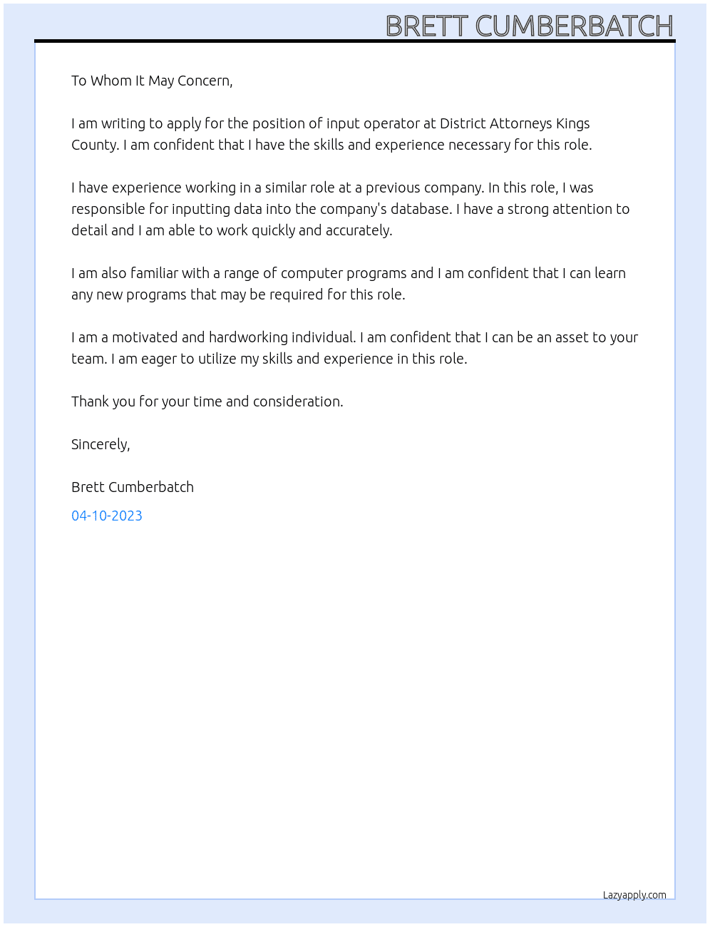 input operator At District Attorneys Kings County Cover Letter