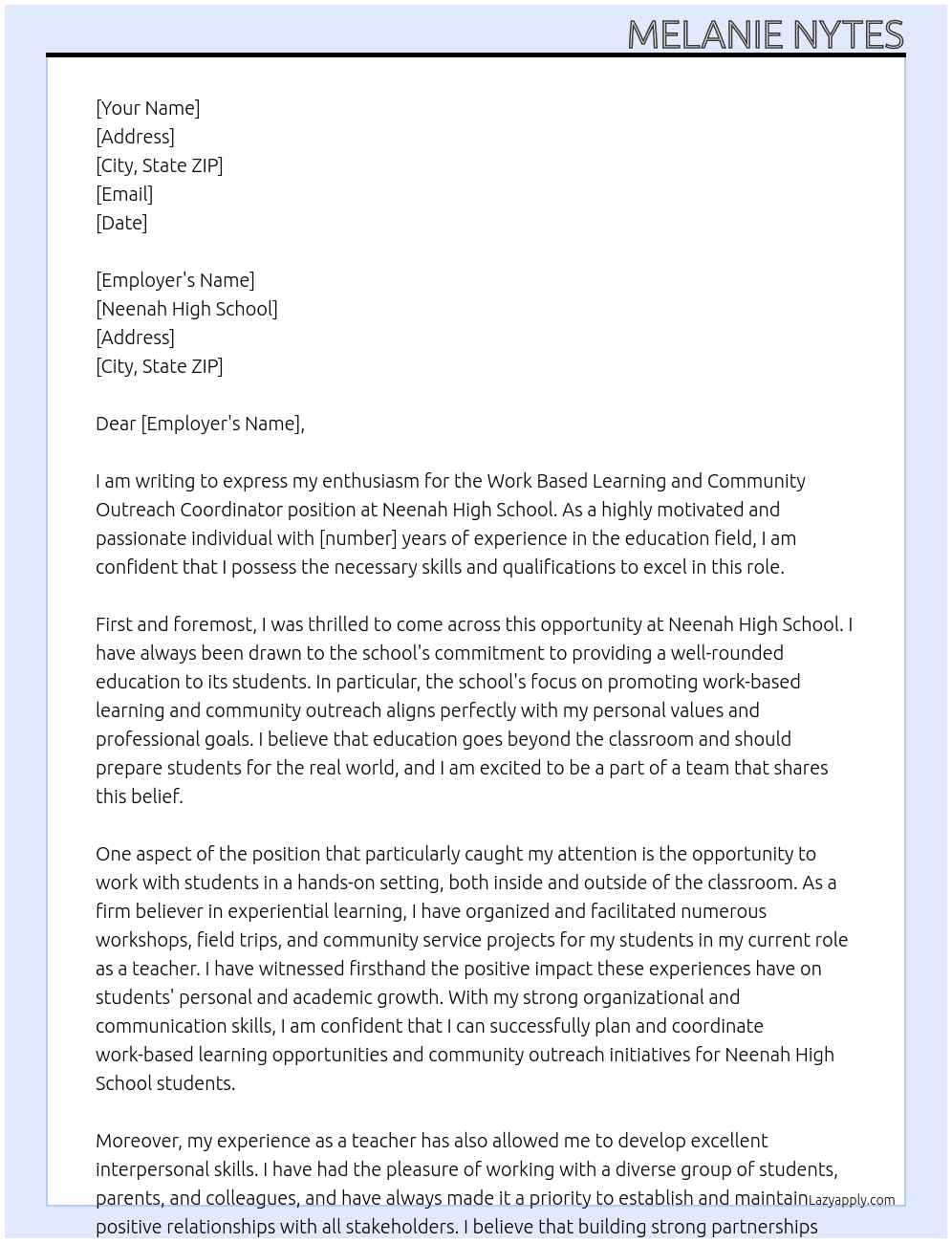 Work Based Learning and Community Outreach Coordinator At Neenah High School Cover Letter