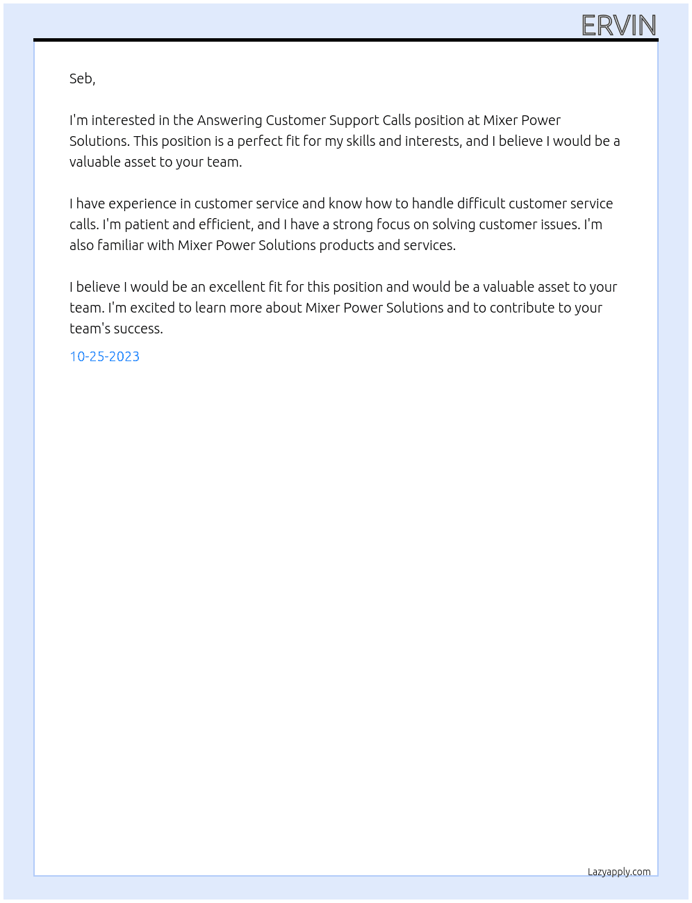 Answering Customer Support Calls At Mixer Power Solutions Cover Letter