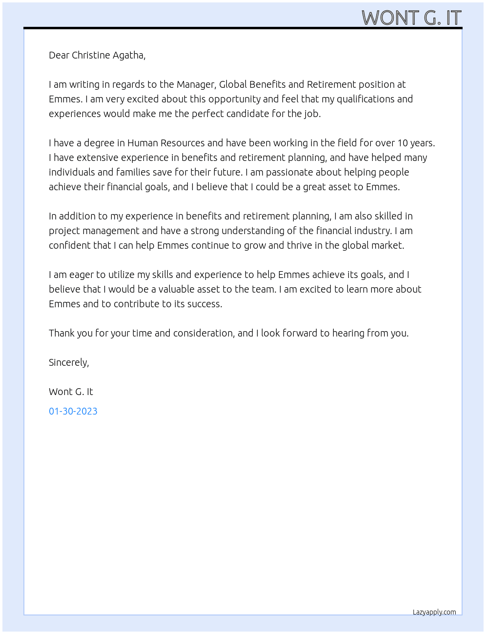 Manager, Global Benefits and Retirement At Emmes Cover Letter