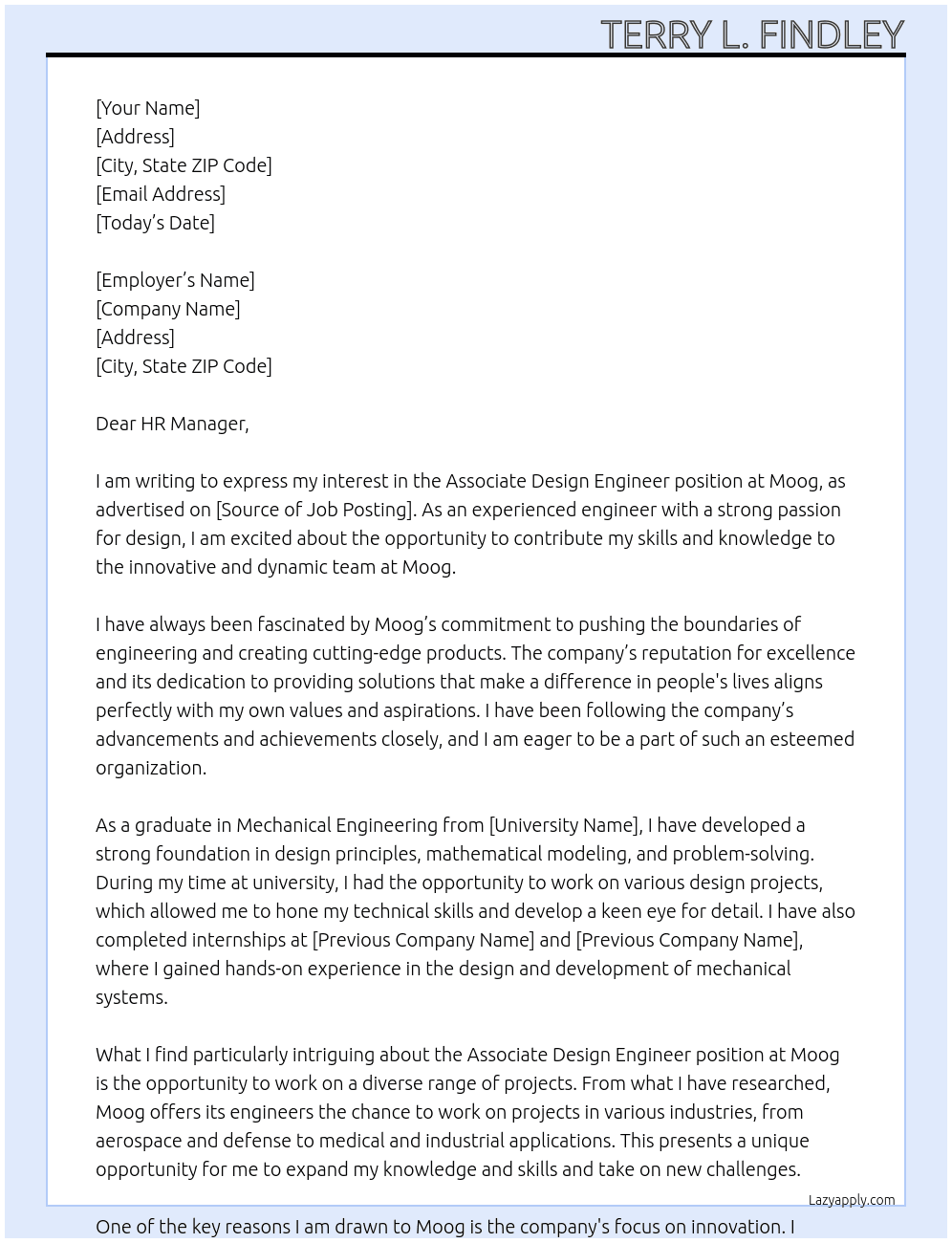 associate design engineer  At Moog  Cover Letter