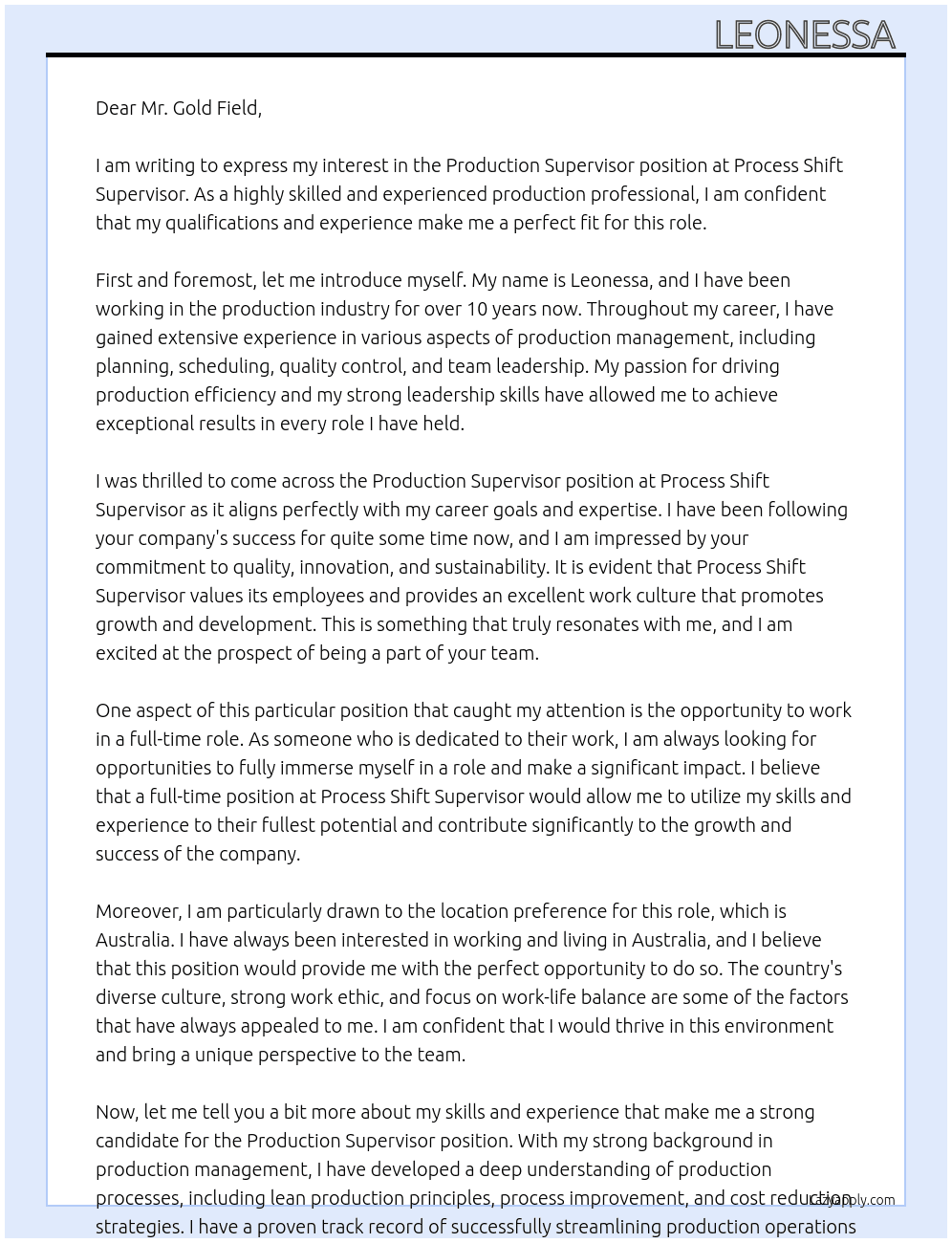 Production Supervisor  At Process Shift Supervisor  Cover Letter